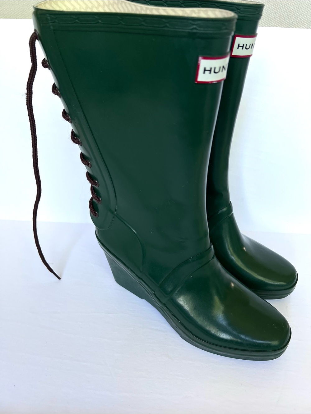 Hunter Dark Green Lace-Up Wedge Rain Boots